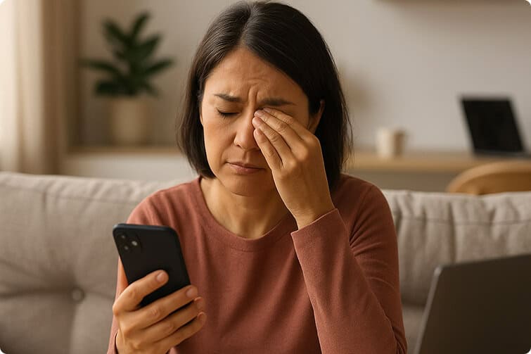 Cansancio ocular, mujer tocándose el ojo, likely due to fatiga visual.