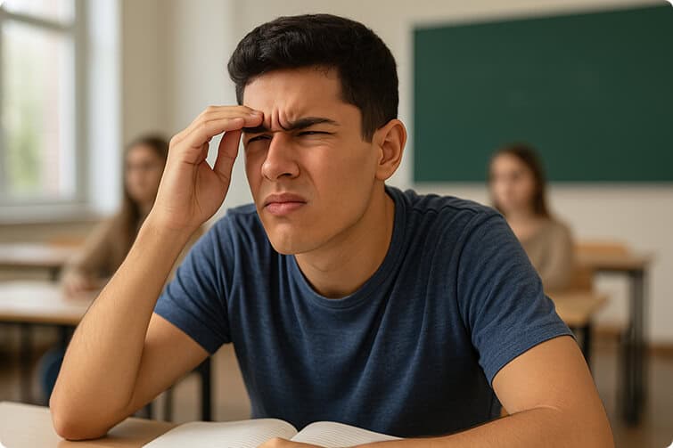 Estudiante preocupado en clase, concentración y estrés.