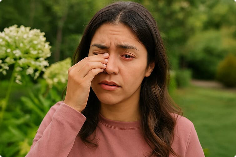 Lágrimas en el rostro de mujer con malestar ocular, mirando hacia abajo.