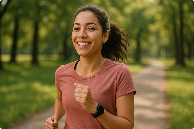 Vista de una mujer corriendo en parque, enfoque en bienestar y salud.