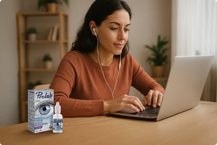 Mejorando salud ocular con tratamiento para la vista, uso de lágrimas artificiales y revisión oftalmológica.