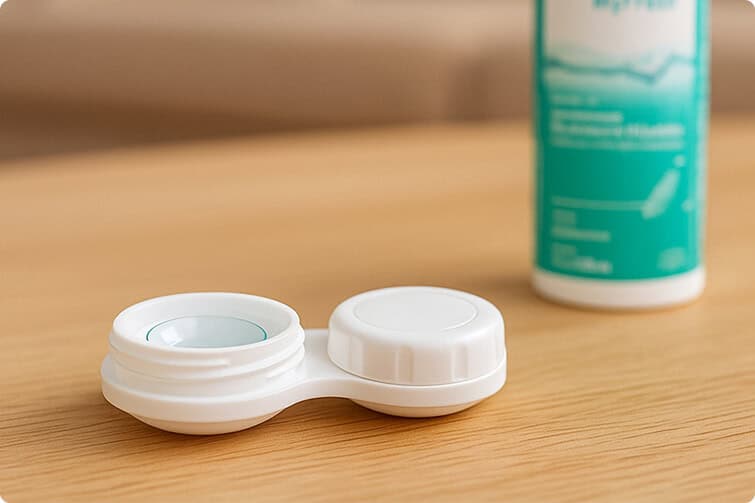 Bote de lentes de contacto con tapa, sobre mesa de madera.