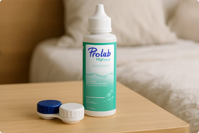 Prolab HyFresh gotas para la salud visual, cuidado ocular y bienestar, en envase y discos en mesa de madera.