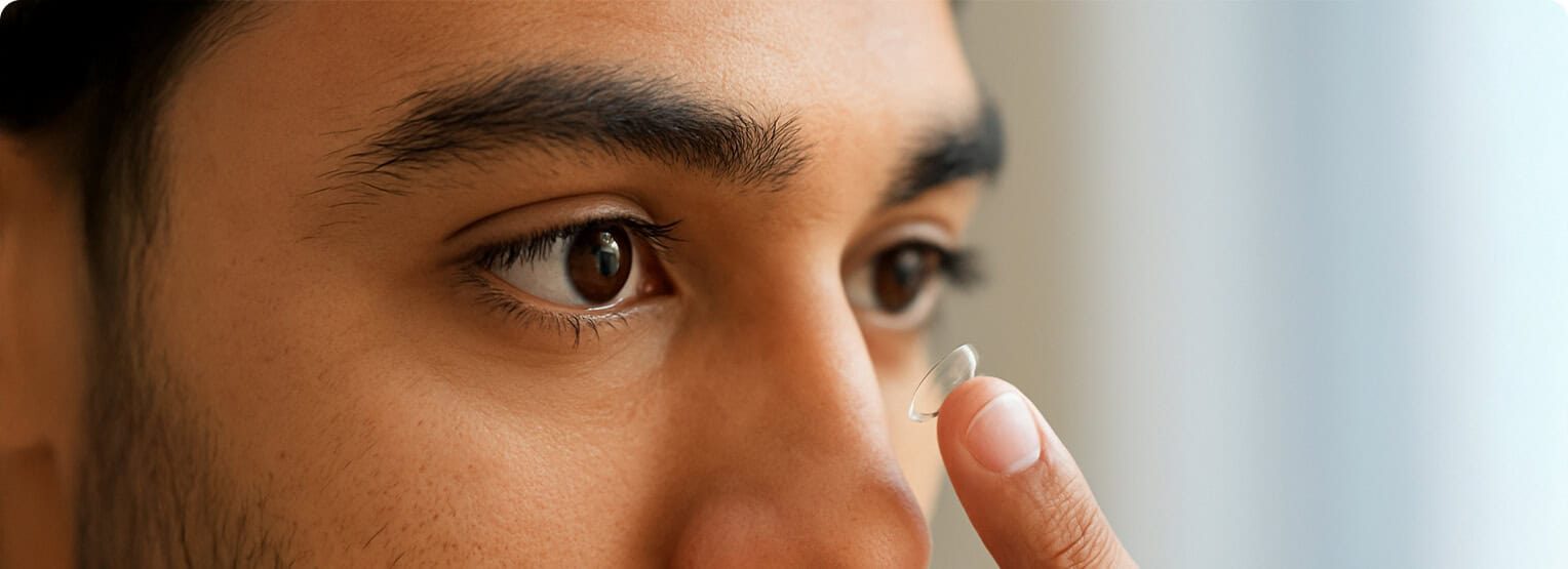 Limpieza de lentes de contacto en consulta óptica.